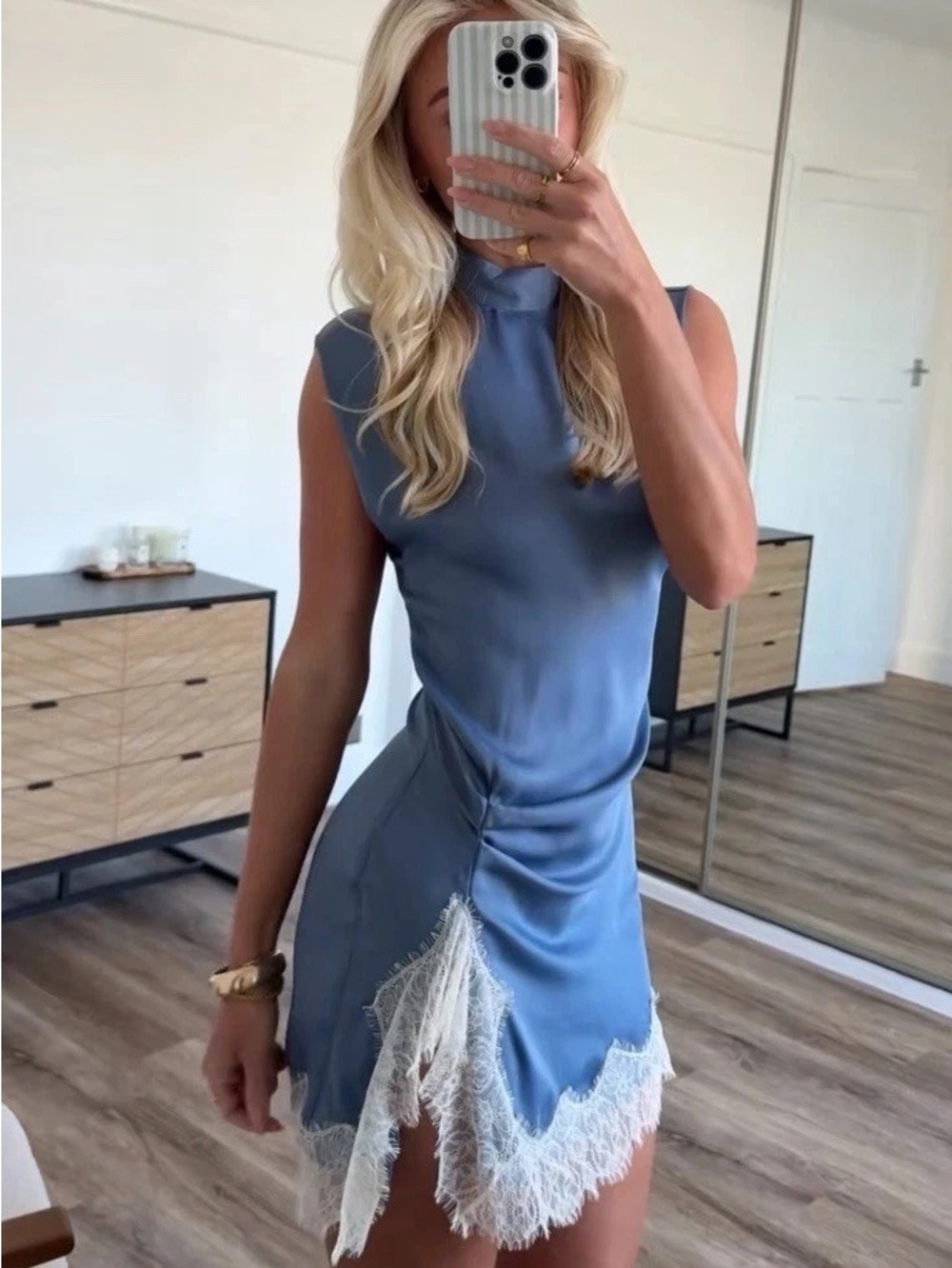 VIRAL Zara Dusty Blue Satin Mini Dress with White Lace Trim Split